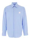 Msgm Light Blue Shirt With All-over Striped Motif And Logo On The Front In Cotton Man In Azure