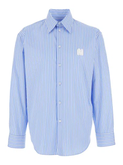MSGM LIGHT BLUE SHIRT WITH ALL-OVER STRIPED MOTIF AND LOGO ON THE FRONT IN COTTON MAN