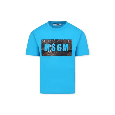 Msgm Kids' Light Blue T-shirt For Boy With Logo