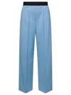 MSGM LIGHT BLUE WIDE LEG TROUSERS WITH LOGO WAISTBAND IN WOOL WOMAN
