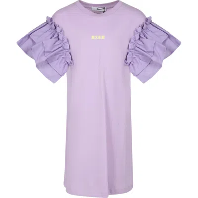 Msgm Kids' Lilac Dress For Girl With Logo In Blue