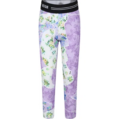 Msgm Kids' Lilac Leggings For Girl With Flowers Print
