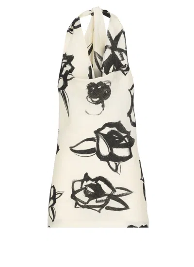 Msgm Linen Blouse With Graphic Rose Print In White