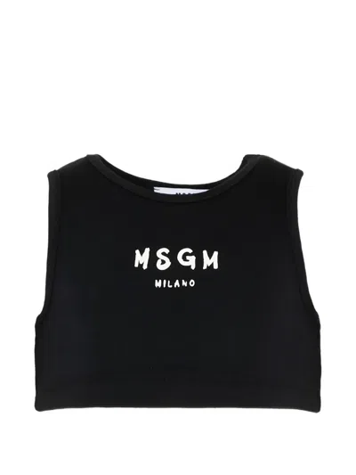 Msgm Kids' Logo Crop Sleevless T-shirt In Black