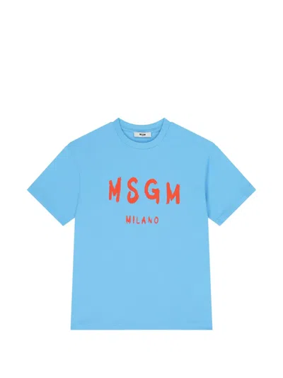 Msgm Kids' Logo-detail Cotton T-shirt In Blue