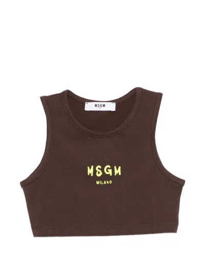 Msgm Kids' Logo-detail Crop Top In Brown