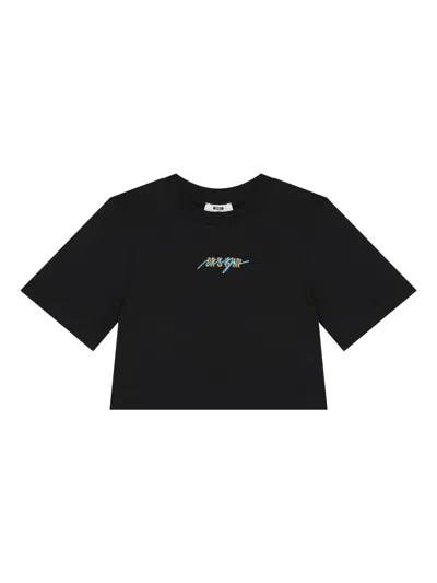 Msgm Kids' Logo-detail Cropped T-shirt In Black