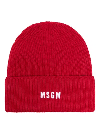 Msgm Logo-embroidered Beanie In Red