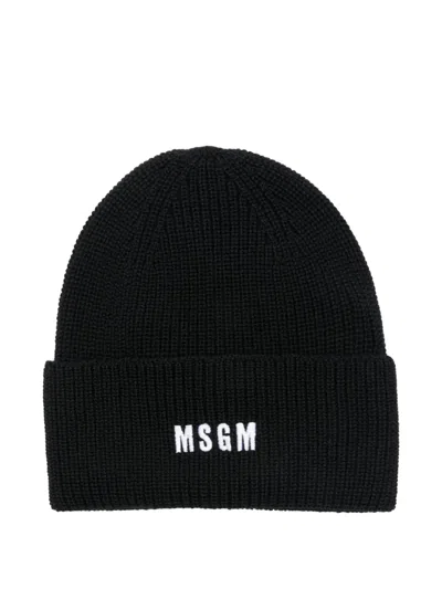 Msgm Logo-embroidered Beanie Hat In Black