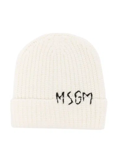 Msgm Kids' Logo-embroidered Beanie In Neutrals