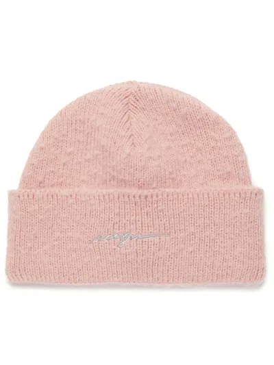 Msgm Logo-embroidered Cotton Beanie In Pink