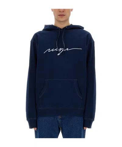 Msgm Logo-embroidered Cotton Hoodie In Blue