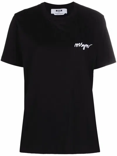 Msgm Logo-embroidered Cotton T-shirt In Black