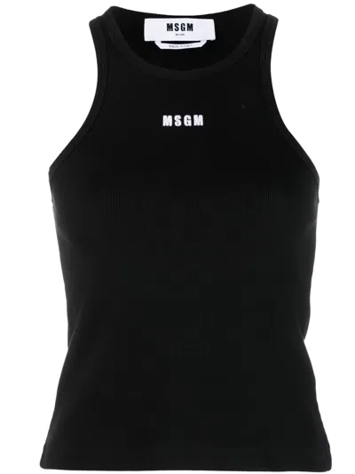 Msgm Logo Embroidered Sleeveless Ribbed Tank Top In Black