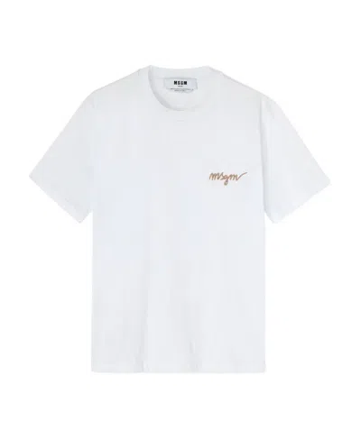 Msgm Logo Embroidered Crewneck T-shirt In White