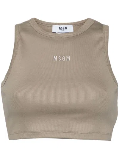 Msgm Logo-embroidered Crop Tank Top In Green
