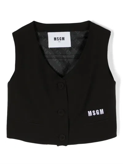 Msgm Kids' Logo-embroidered Cropped Waistcoat In Black