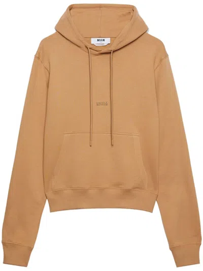 Msgm Logo-embroidered Drawstring Hoodie In Neutrals