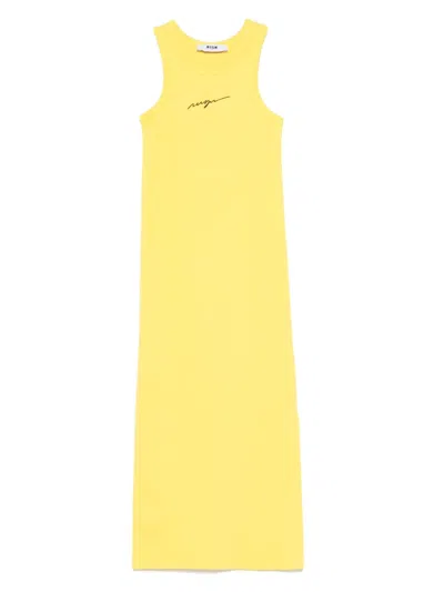 Msgm Kids' Logo-embroidered Dress In Yellow