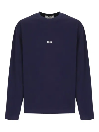 Msgm Logo-embroidered Long-sleeve T-shirt In Blue