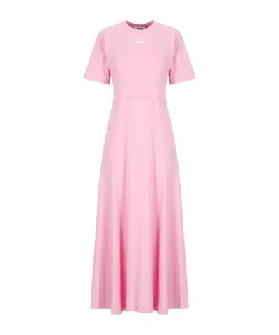 Msgm Logo Embroidered Midi Dress In Pink