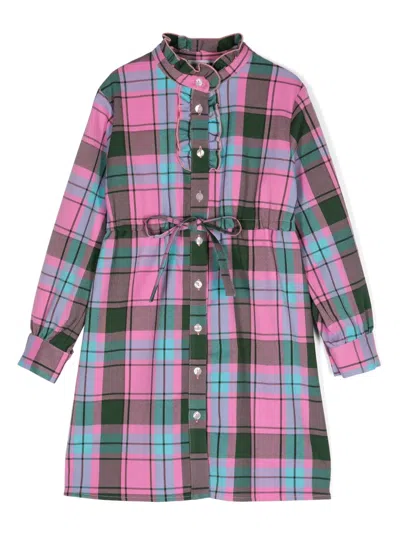 Msgm Kids' Logo-embroidered Plaid Shirt Dress In Pink