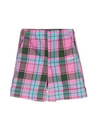 Msgm Kids' Logo-embroidered Plaid Shorts In Pink