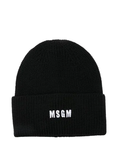 Msgm Logo-embroidered Ribbed Beanie In Black