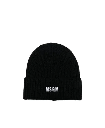 Msgm Logo-embroidered Ribbed-knit Beanie In Black