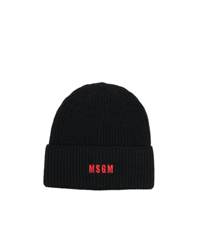 Msgm Logo-embroidered Ribbed-knit Beanie In Black