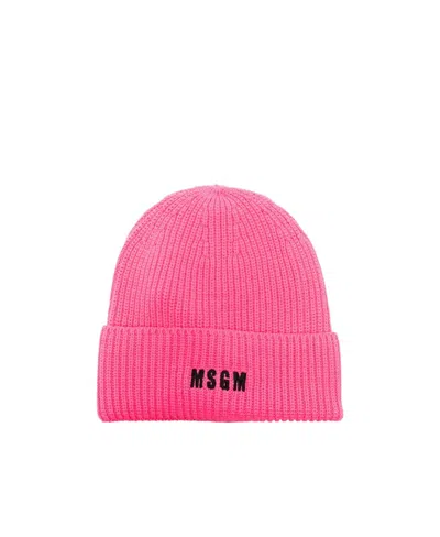 Msgm Logo-embroidered Ribbed-knit Beanie In Pink
