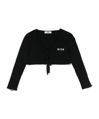 Msgm Logo-embroidered Ribbed-knit Cardigan In Black