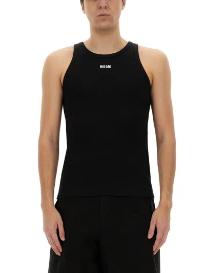 Msgm Embroidered-logo Ribbed Tank Top In Black