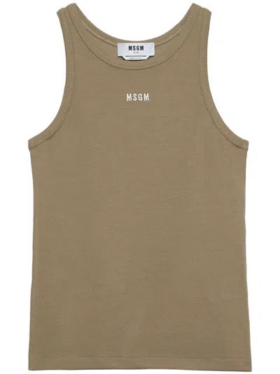 Msgm Logo-embroidered Ribbed Tank Top In Green