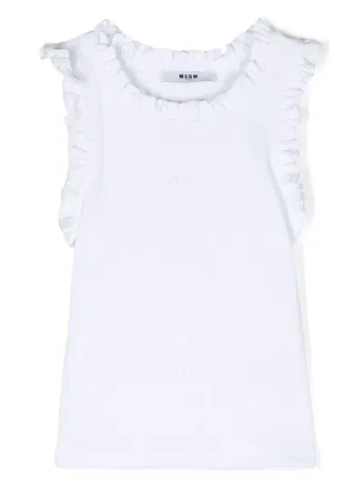 Msgm Kids' Logo-embroidered Ruffle-trim T-shirt In White