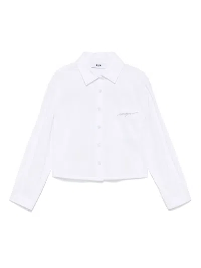 Msgm Kids' Logo-embroidered Shirt In White