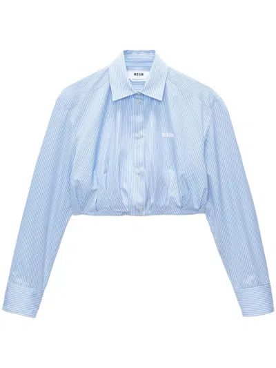Msgm Logo-embroidered Striped Cropped Shirt In Blue