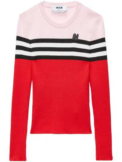 Msgm Logo-embroidered Striped Jumper In Red