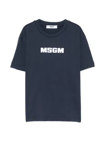 Msgm Kids' Logo-embroidered T-shirt In Blue