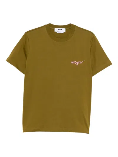 Msgm Logo-embroidered T-shirt In Green