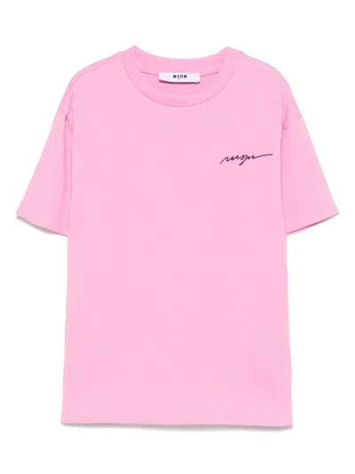 Msgm Kids' Logo-embroidered T-shirt In Pink
