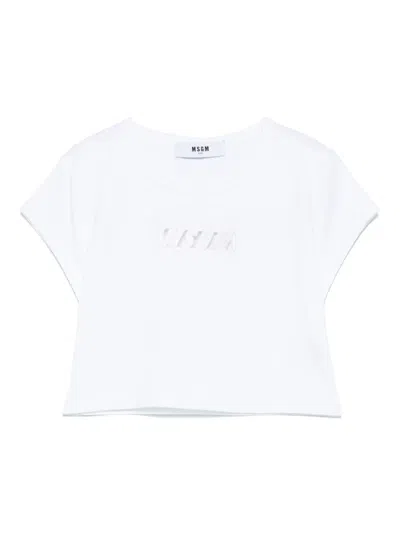 Msgm Kids' Logo-embroidered T-shirt In White