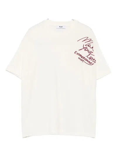 Msgm Kids' Logo-embroidered T-shirt In White