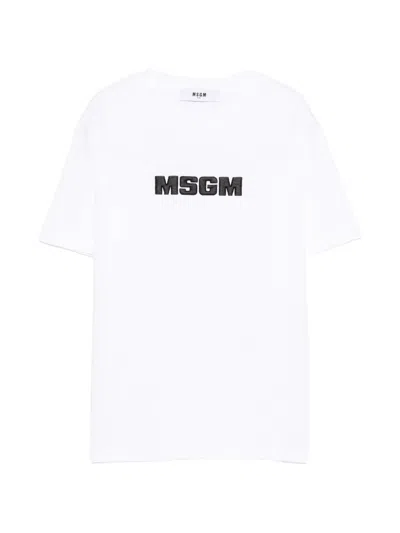 Msgm Kids' Logo-embroidered T-shirt In White