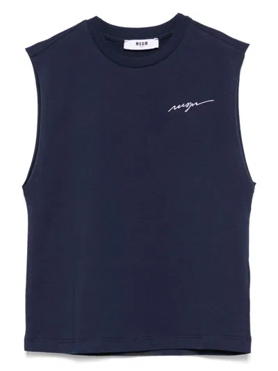 Msgm Kids' Logo-embroidered Tank Top In Blue