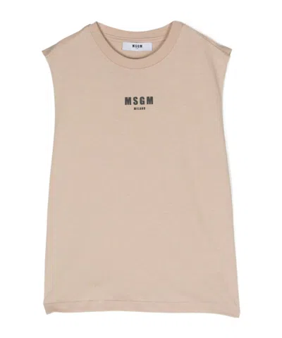 Msgm Kids' Logo-flocked Raw-cut Tank Top In Beige
