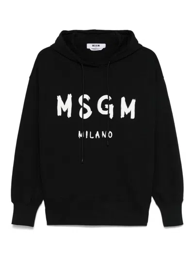 Msgm Black Cotton Hoodie With Glitter Brush Print