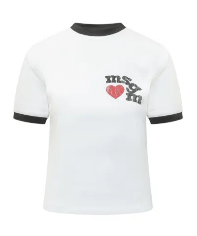 Msgm Logo Heart Trim T-shirt In White