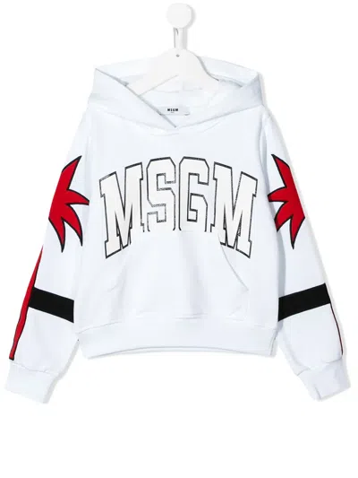 Msgm Kids' Embroidered Patch & Logo Cotton Hoodie In White