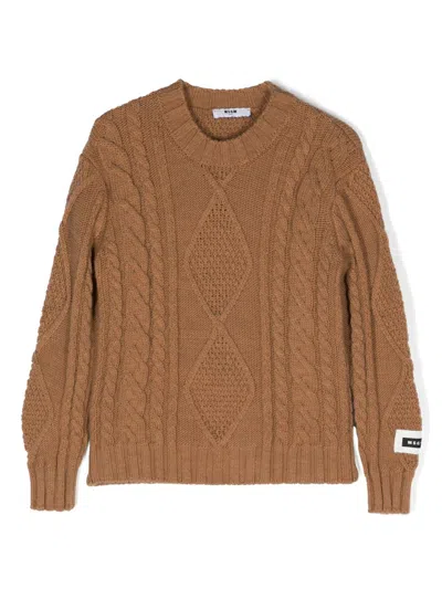 Msgm Kids' Logo-patch Aran-knit Jumper In Brown